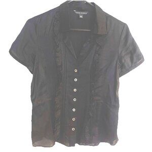 Banana Republic Black Pintuck Short Sleeve Blouse Ruffle Silk Women’s S Elegant